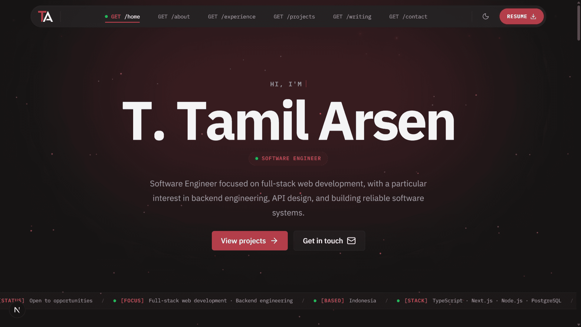 Personal portfolio website homepage